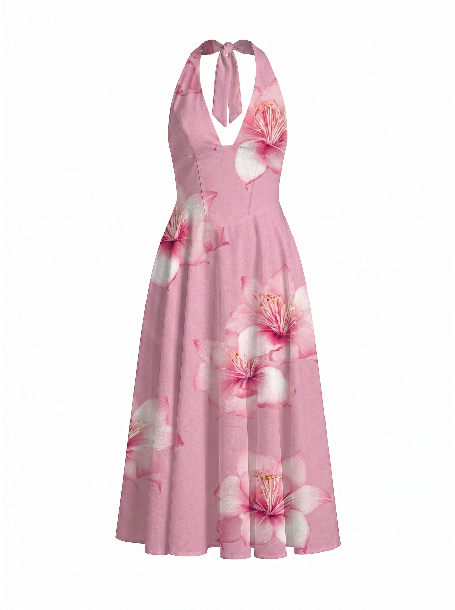 Floral Print Halter Neck Tie Back Midi Dress