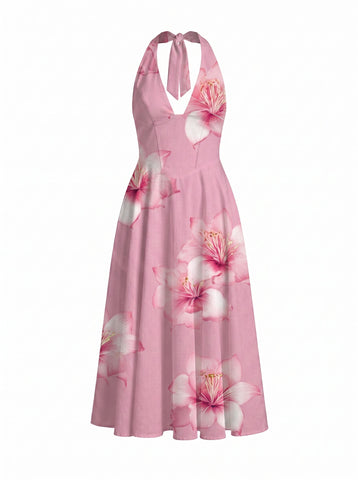 Floral Print Halter Neck Tie Back Midi Dress