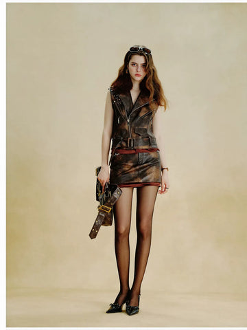 Faux Fur Trim Belted Leather Vest