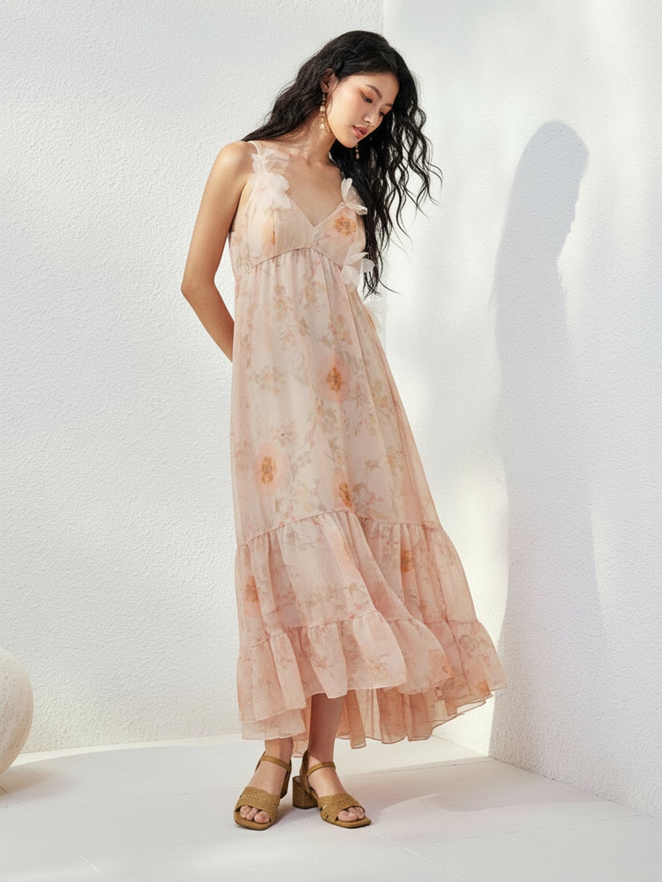 Urban Revivo Floral Decor A-Line Maxi Dresses-Pinky Orange Print