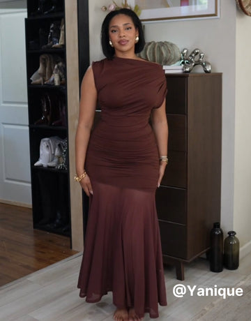 Ruched Sheer Mesh Maxi Dress