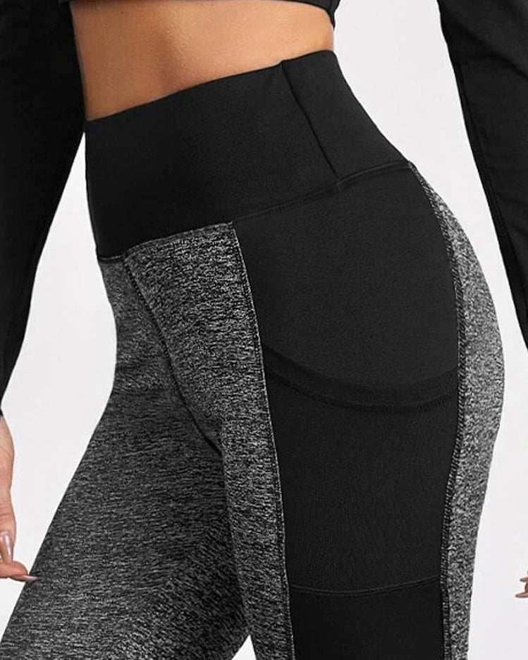 High-Waisted Colorblock Pocket Fitness Yoga Leggings-Black
