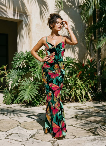 KIRA Floral Print Spaghetti Strap Bodycon Maxi Dress