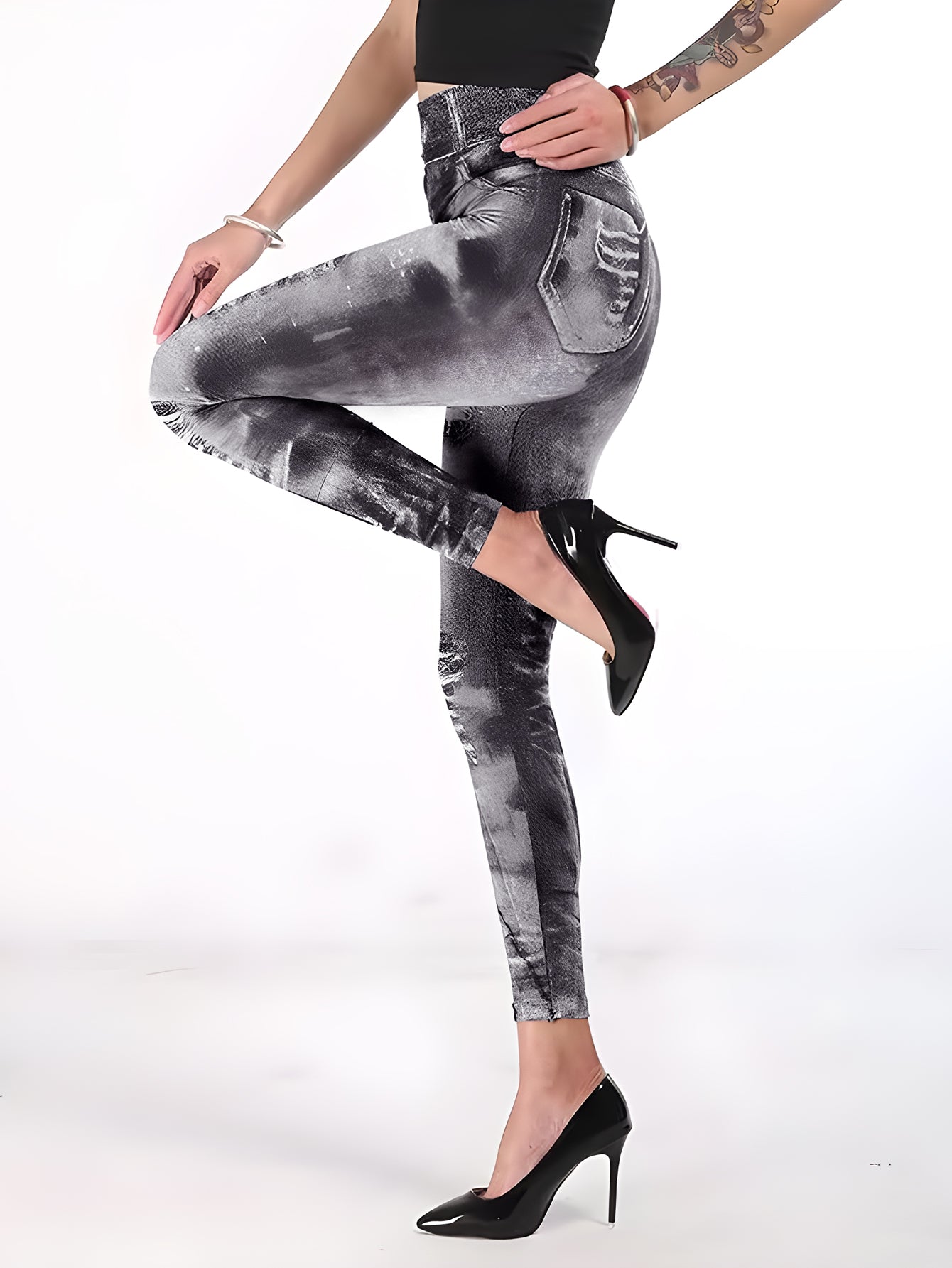 Distressed Denim-Print High-Waisted Stretchy Yoga Leggings-Black