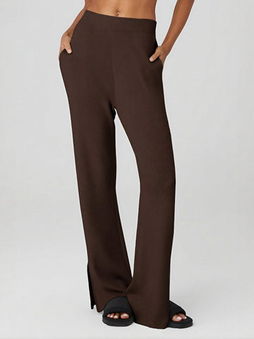 High-Waisted Side-Slit Pocket Knit Wide-Leg Pants