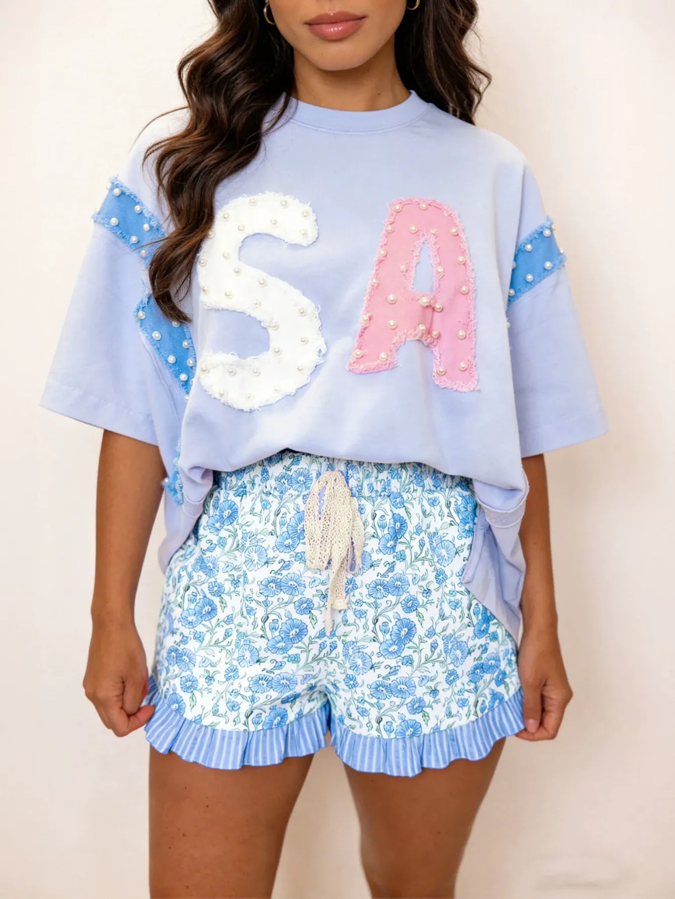 Floral Ruffle Trim Drawstring Shorts