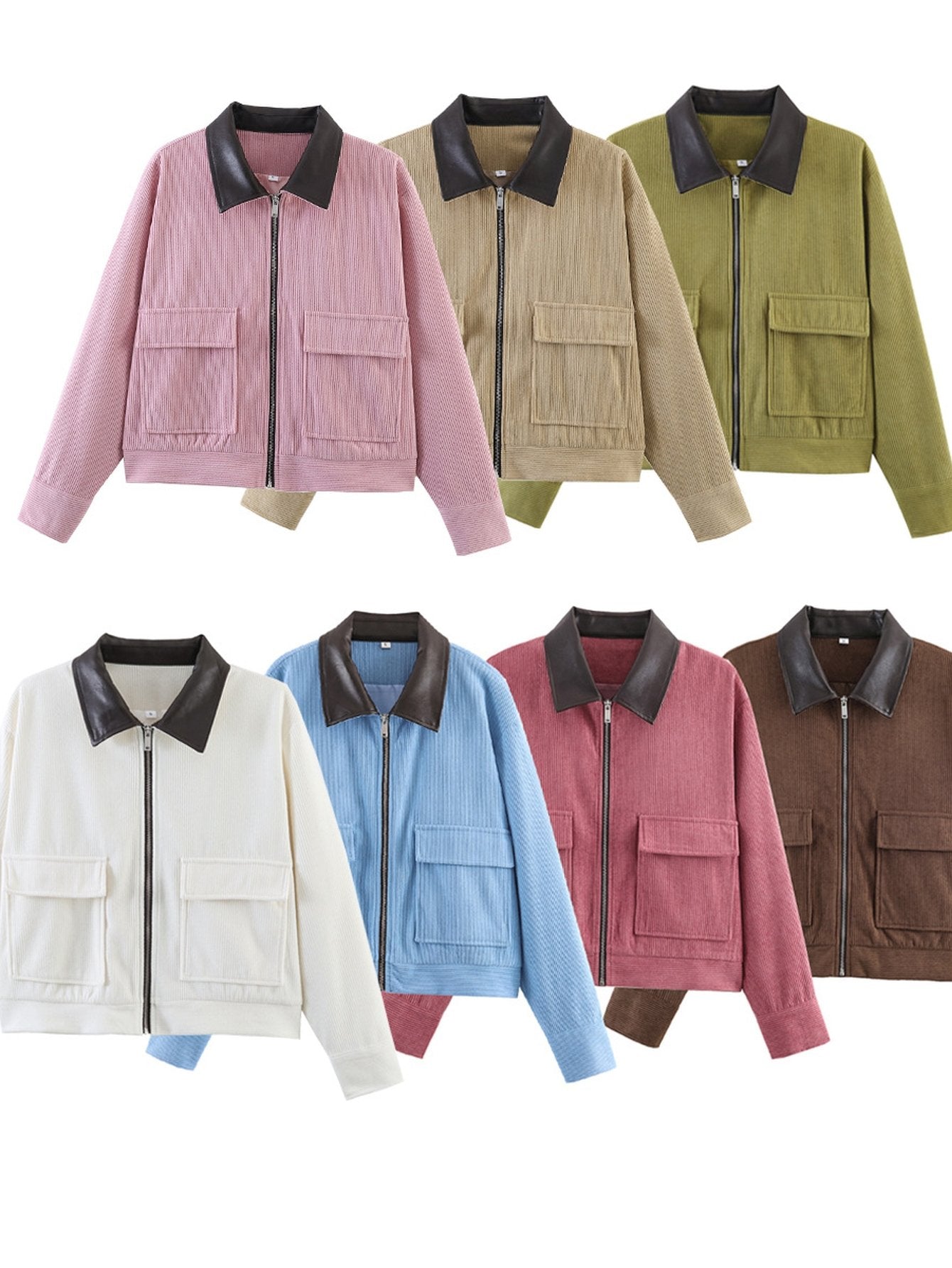 Contrast Collar Corduroy Zip Jacket