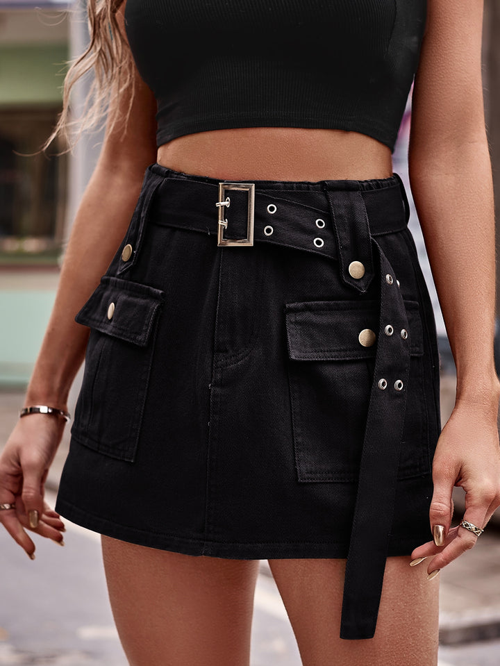Brown Utility Belted Denim Mini Skirt