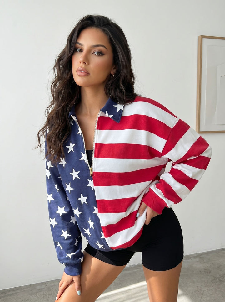 Oversized Flag Print Quarter Zip Sweatshirt