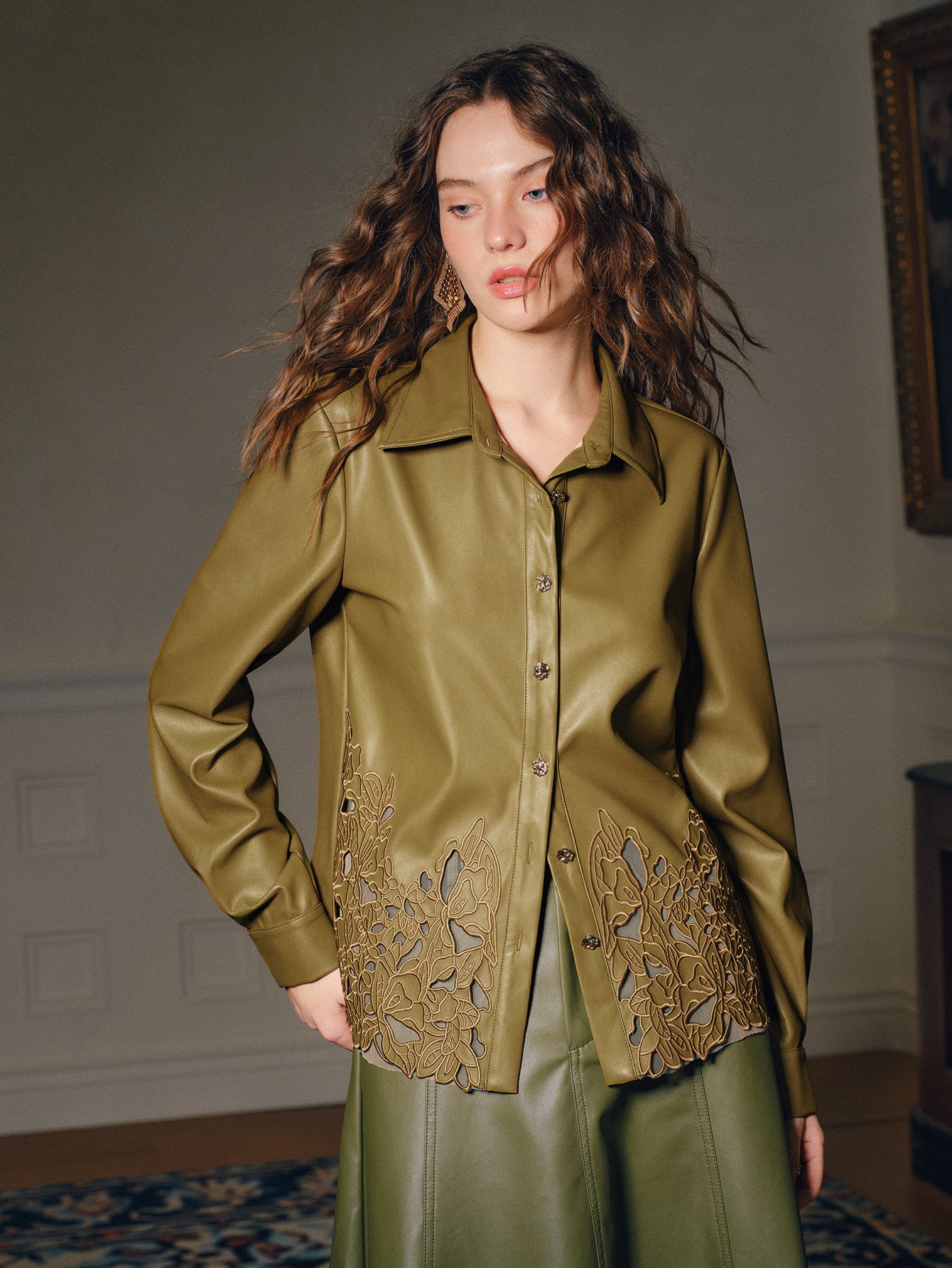 Embroidered Faux Leather Button Down Shirt