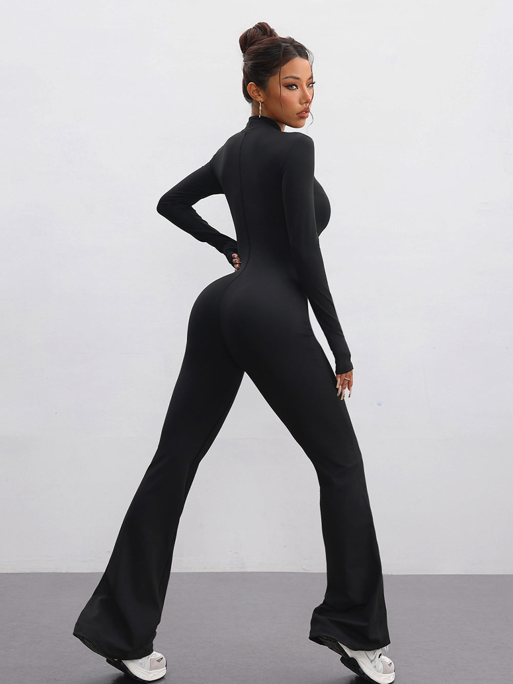 High-Neck Half-Zip Sporty Jumpsuit-Multicolor