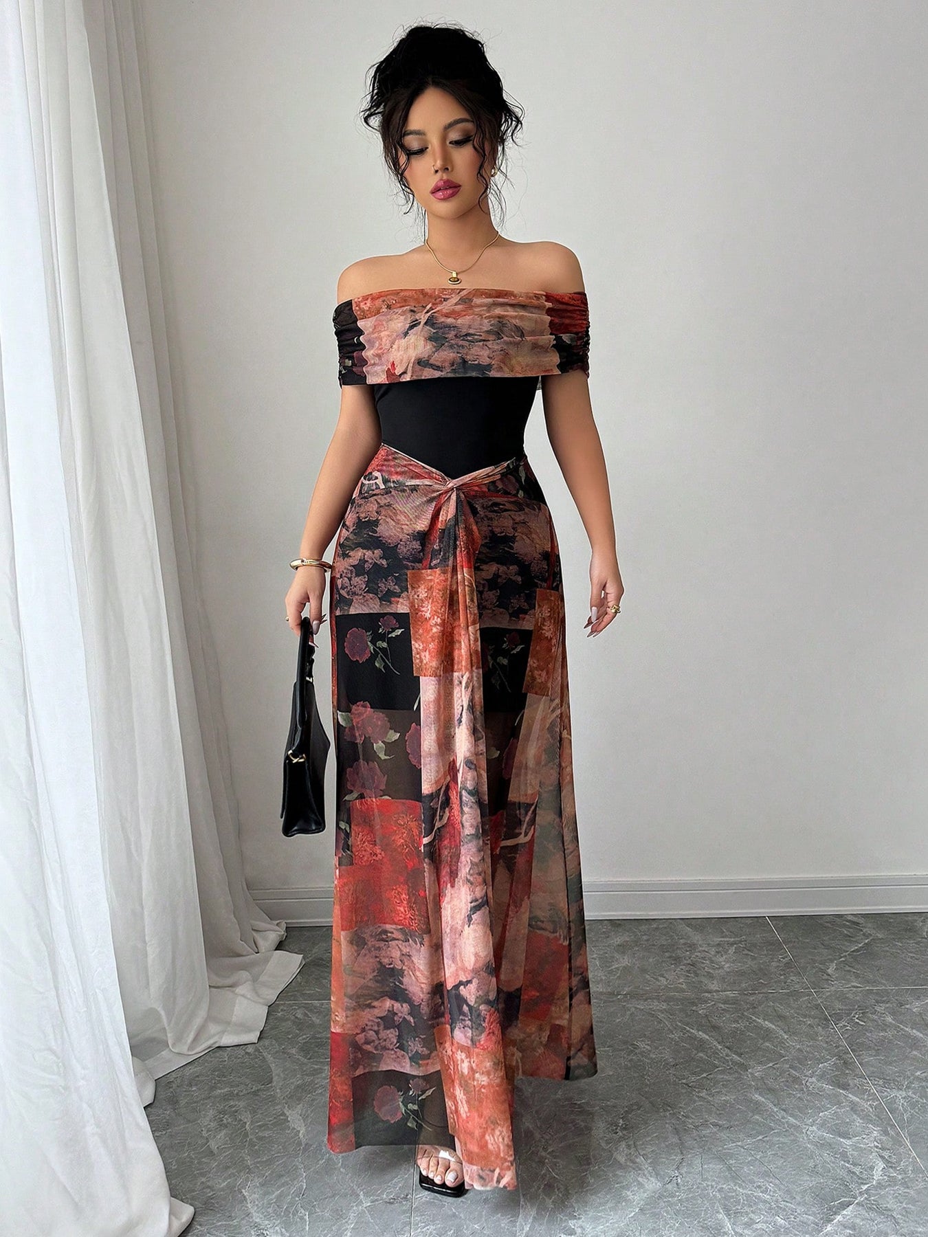 Statement Floral Contrast Top Formal Maxi Dress-Multicolor