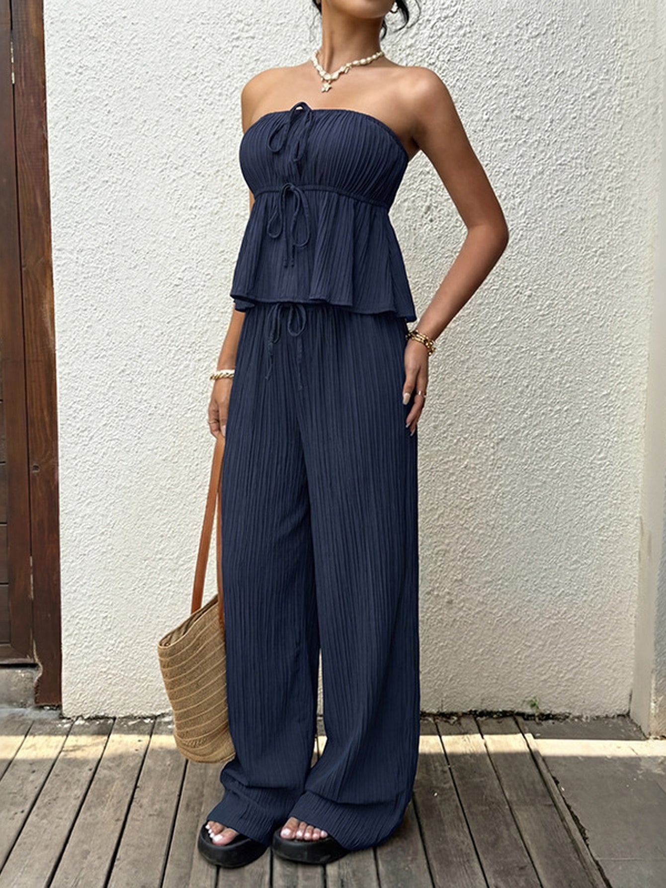 Strapless Gauze Wide Leg Pant Set
