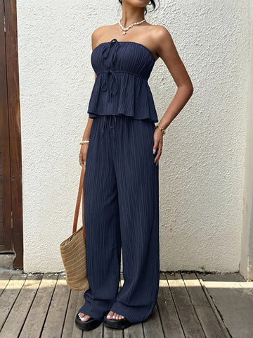 Strapless Gauze Wide Leg Pant Set