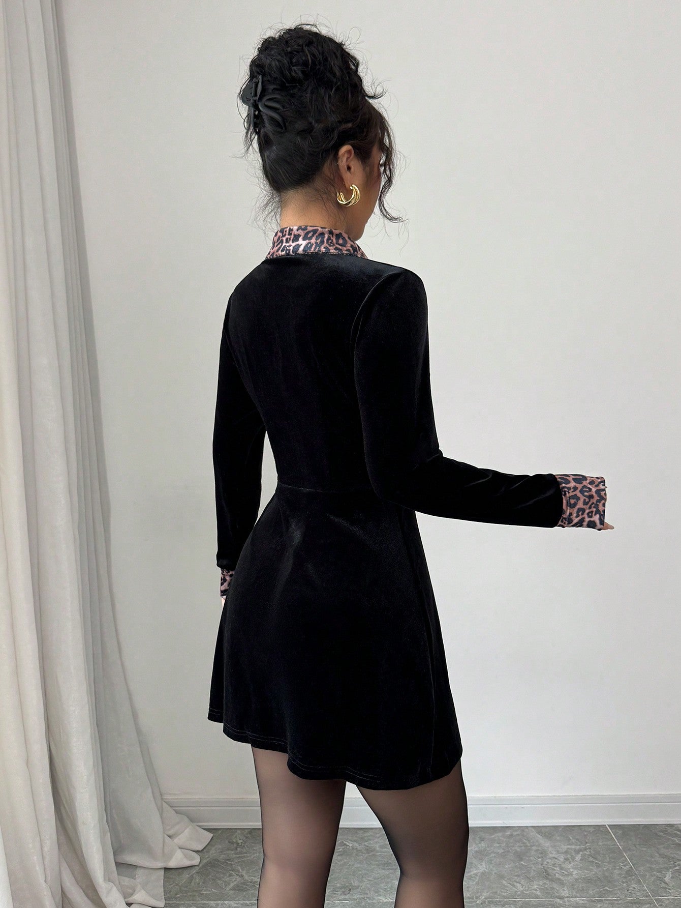 Leopard Collar Velvet Button Down Dress