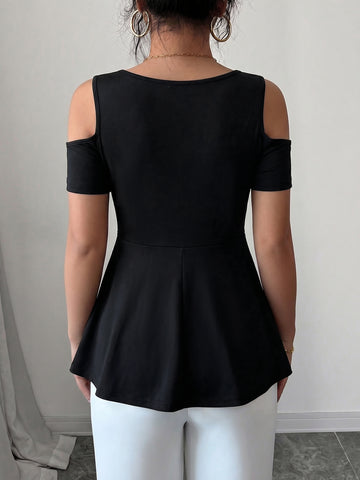 Cold Shoulder Embellished Peplum T-Shirt