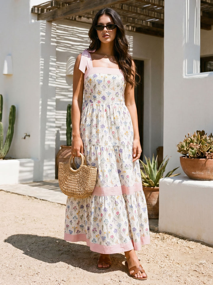Floral Tie Strap Tiered Maxi Dress