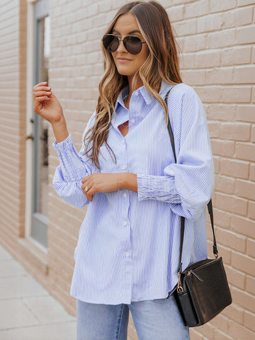 Oversized Striped Smocked Cuff Button Down Shirt
