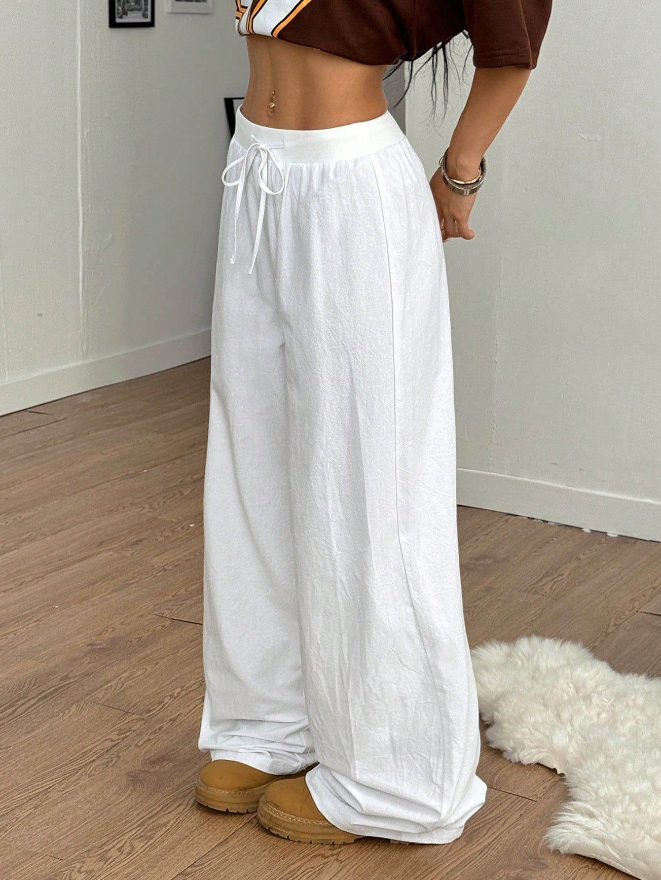 Drawstring Straight-Leg Urban Pants-White
