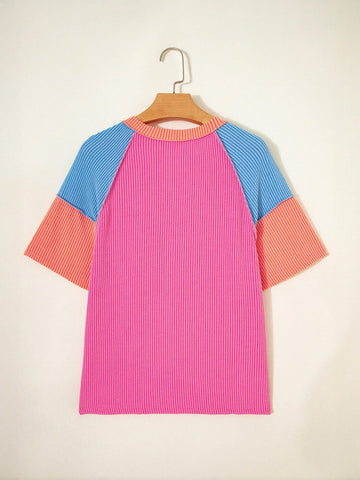 Colorblock Ribbed V Neck T Shirt