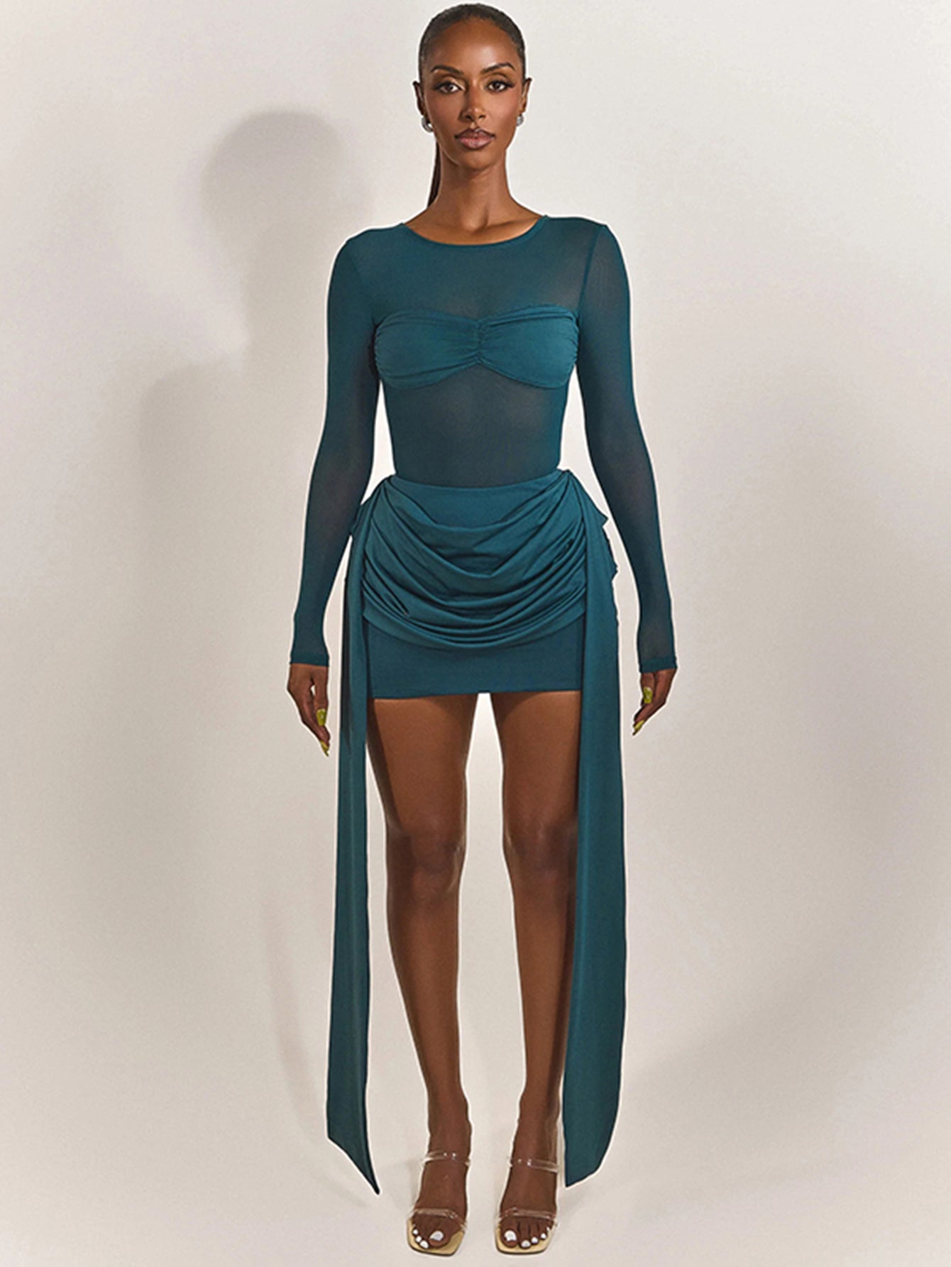 Sheer Mesh Ribbon Detail Elegant Mini Dress