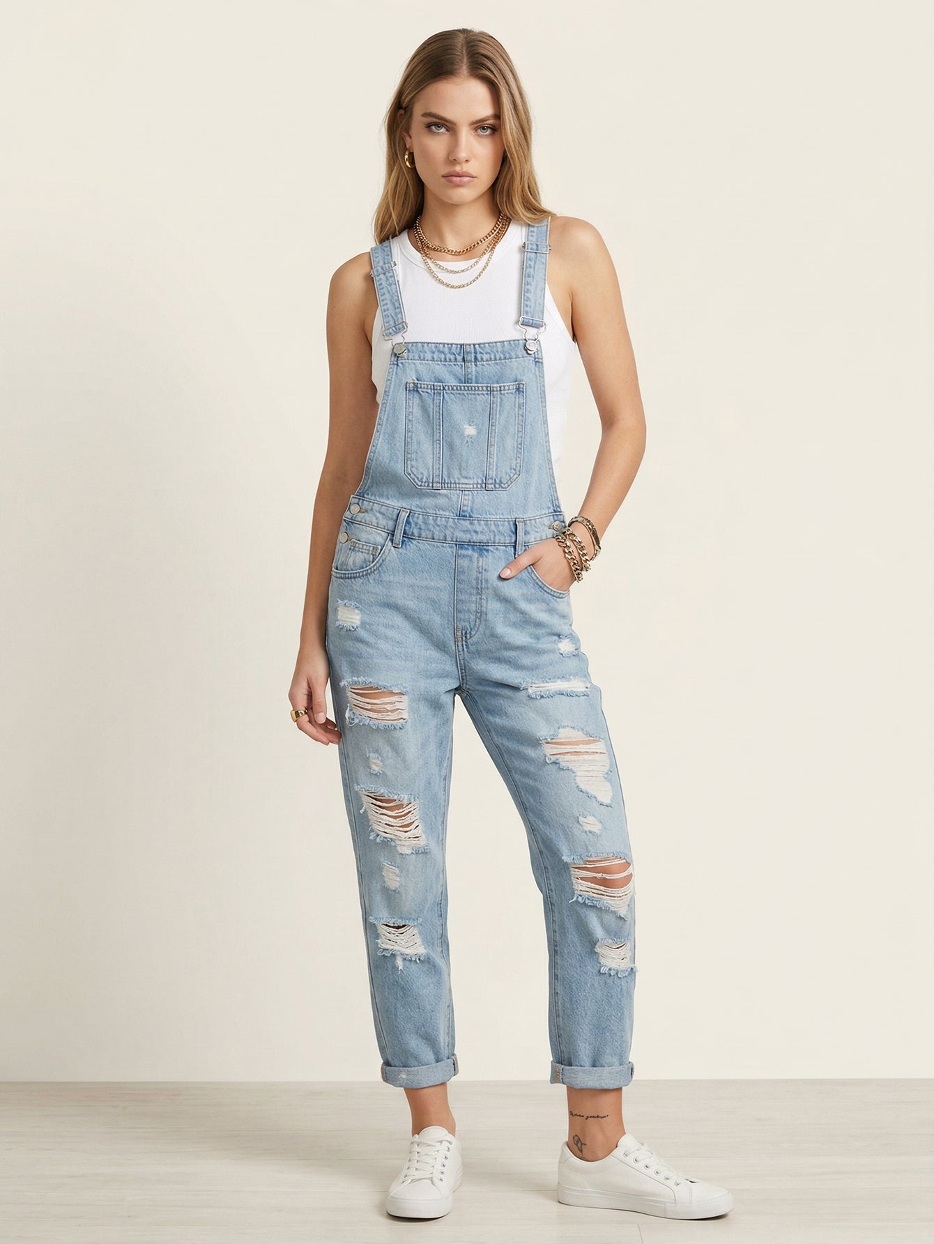 Non Stretch Denim Harem Overalls