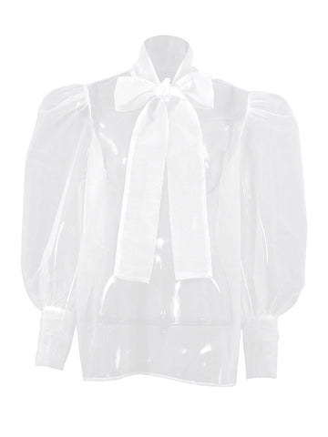 Sheer Puffy Sleeve Bow Blouse