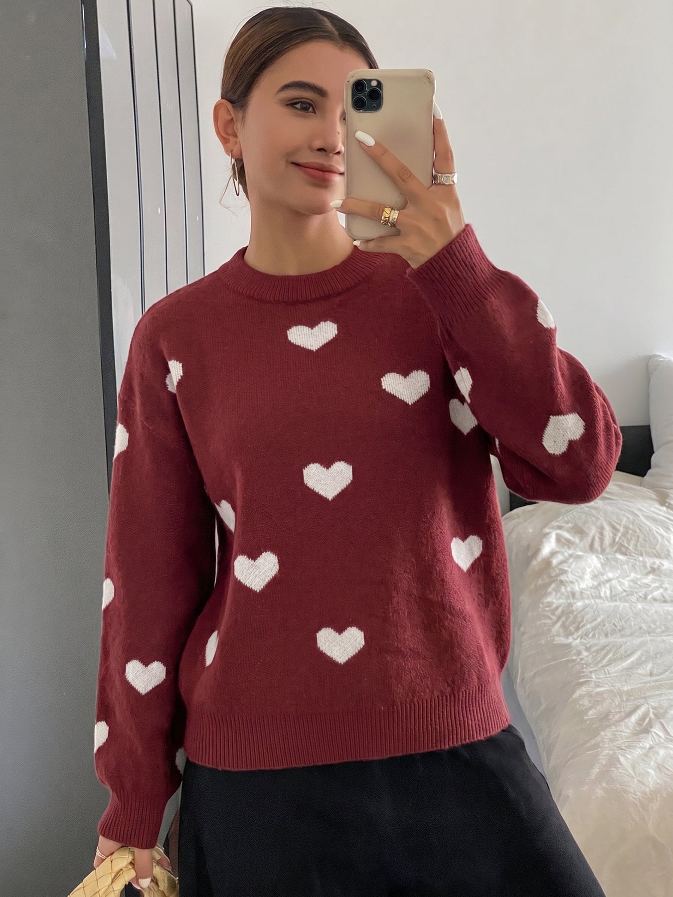 Cute Heart Print Crewneck Sweater
