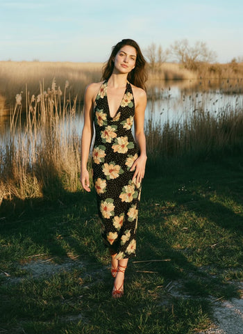 LILA Floral Print Cowl Neck Bodycon Midi Dress