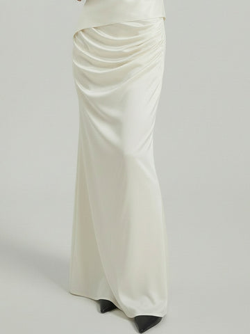 SAÏA Draped Mermaid-Hem Elegant Midi Skirt-White