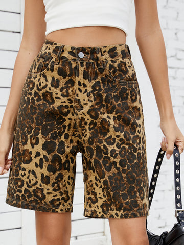 High Waisted Leopard Print Denim Shorts