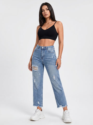 Distressed High Waisted Straight Jeans