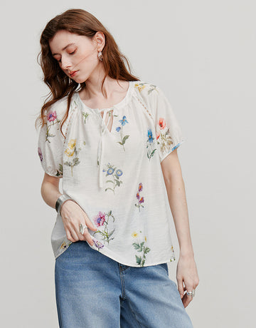 Short Sleeve Floral Print Romantic Blouse