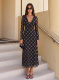 Sheer Plaid Long Sleeve Midi Dress