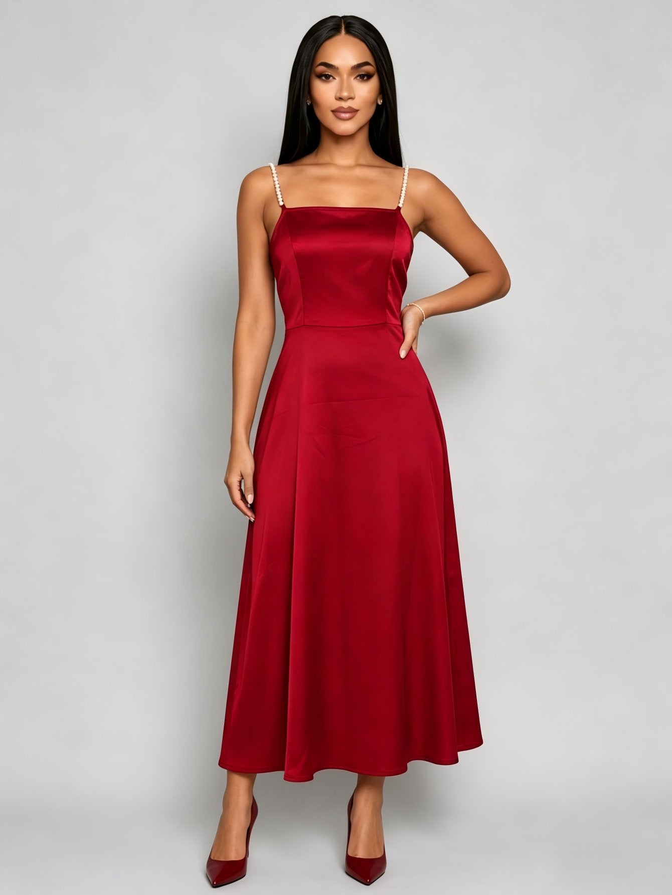 Elegant Pearl Strap Satin Midi Dress
