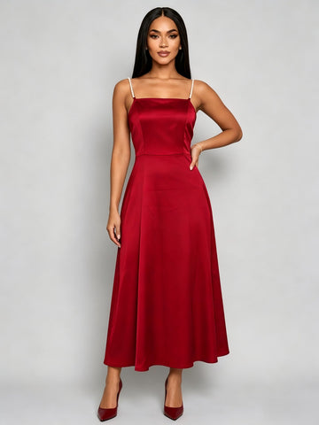 Elegant Pearl Strap Satin Midi Dress