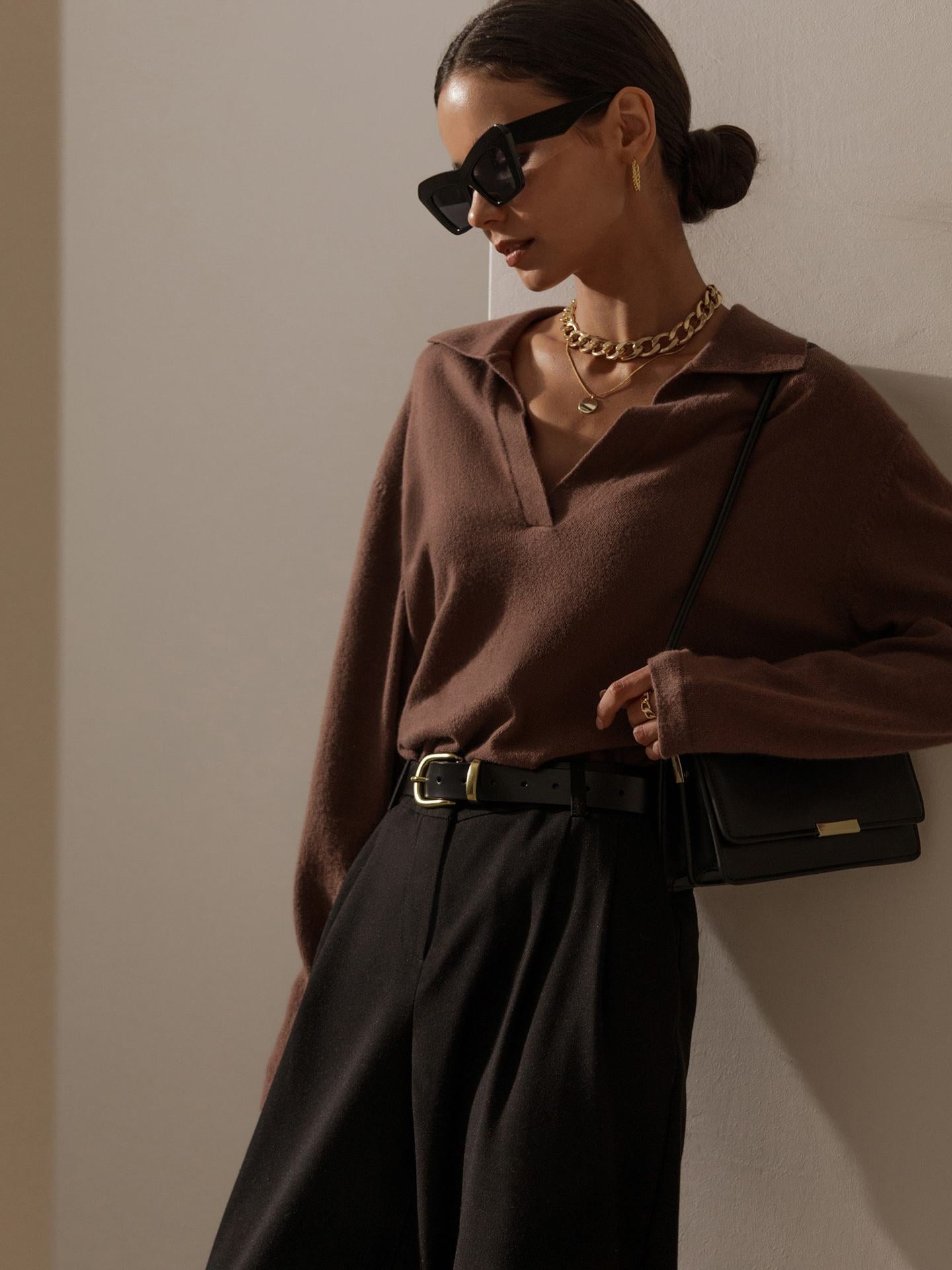 Soft Collared V Neck Knit Sweater