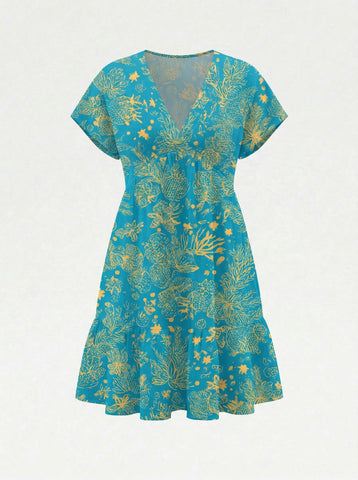 Floral Print V Neck Tiered Babydoll Mini Dress