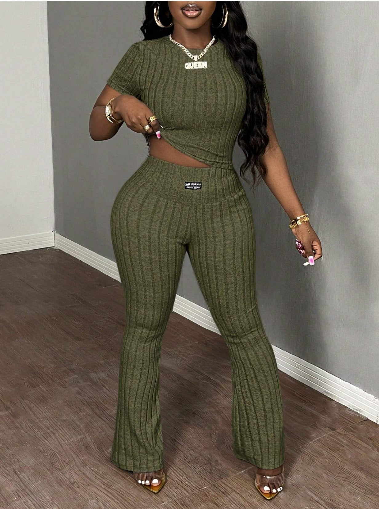 Ribbed Crop Top Flare Pants Set