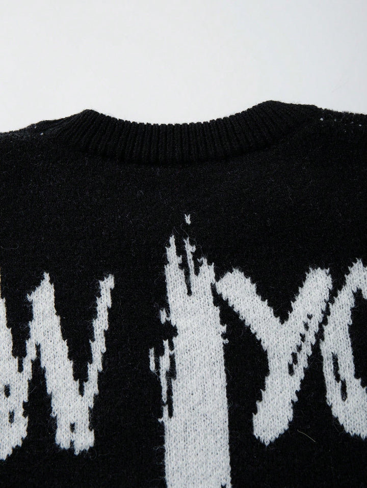 Oversized Distressed Graphic Knit Sweater
