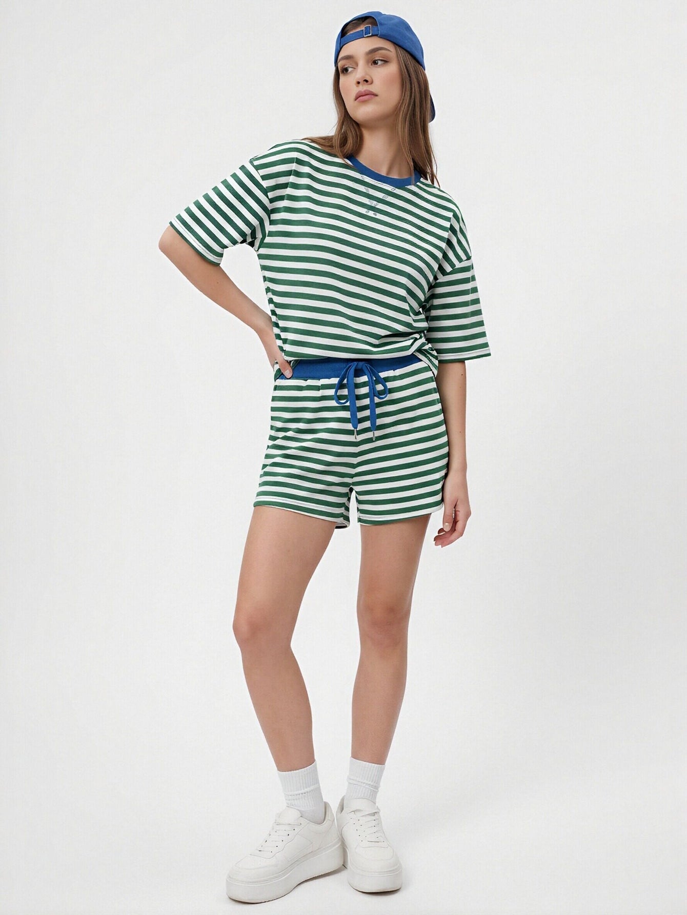 Striped Drawstring Waist Short Set
