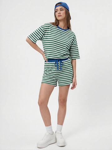 Striped Drawstring Waist Short Set