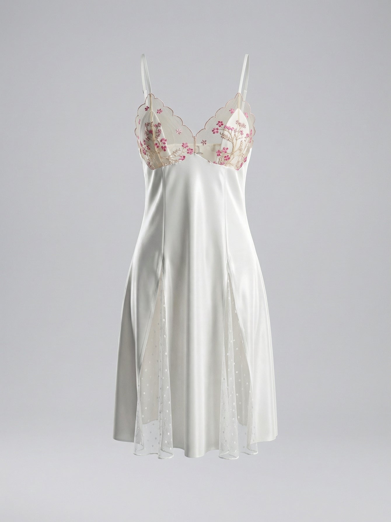 Floral-Embroidered Side-Slit Romantic Nightgown