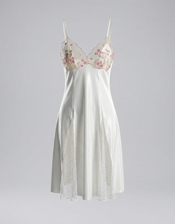 Floral-Embroidered Side-Slit Romantic Nightgown