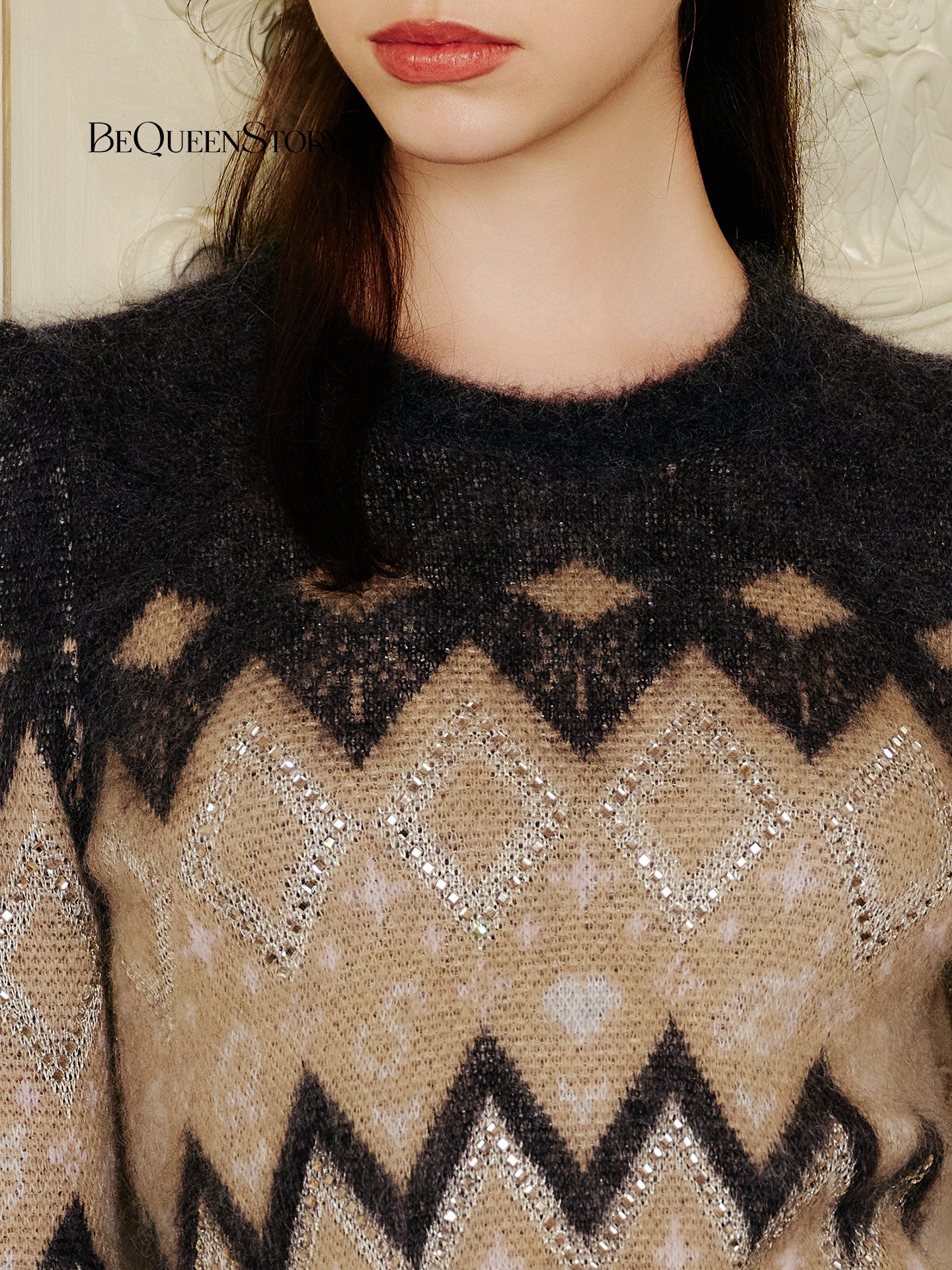 Fuzzy Geometric Pattern Knit Pullover Sweater