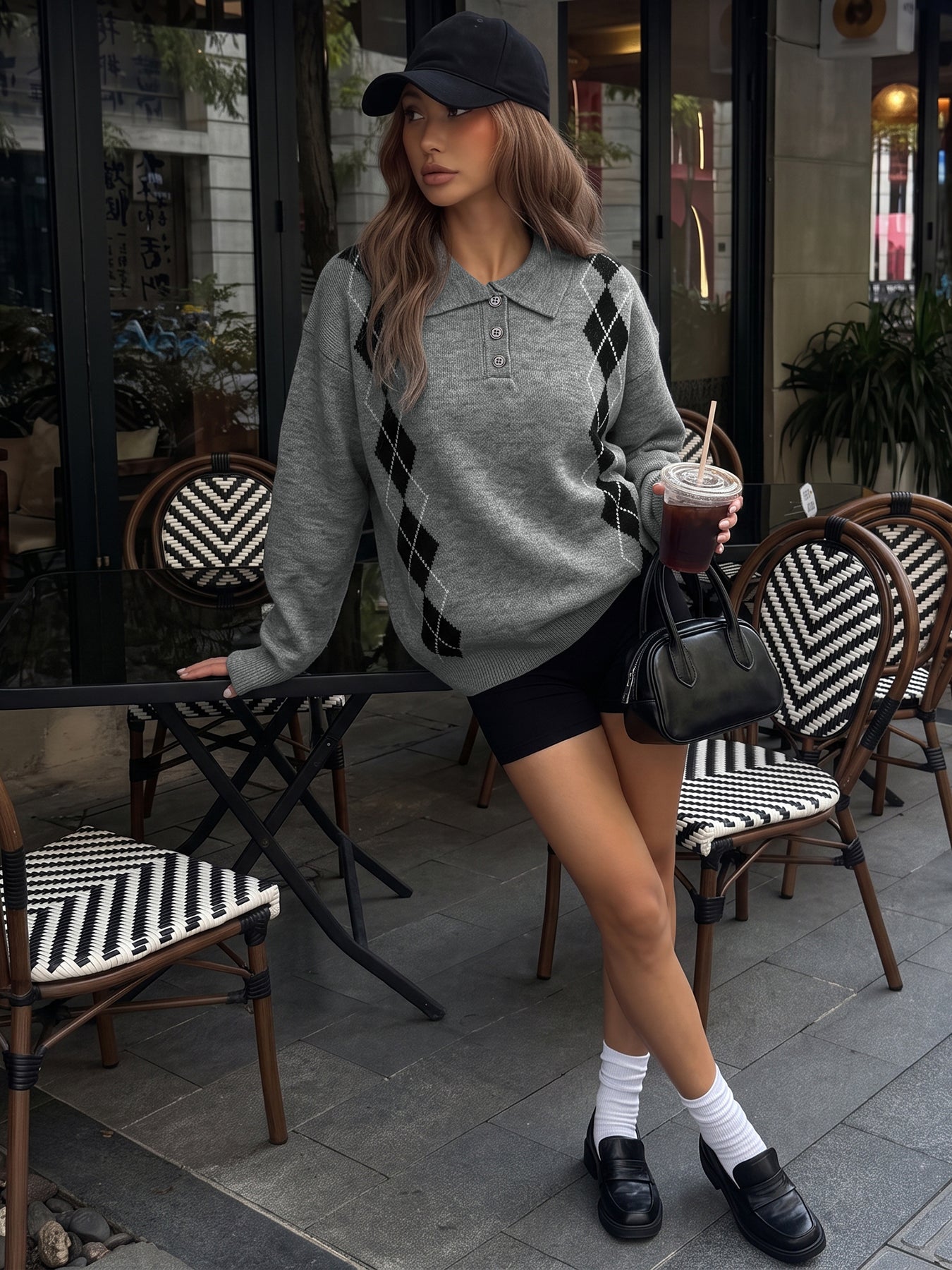 Preppy Argyle Collared Button Pullover Sweater