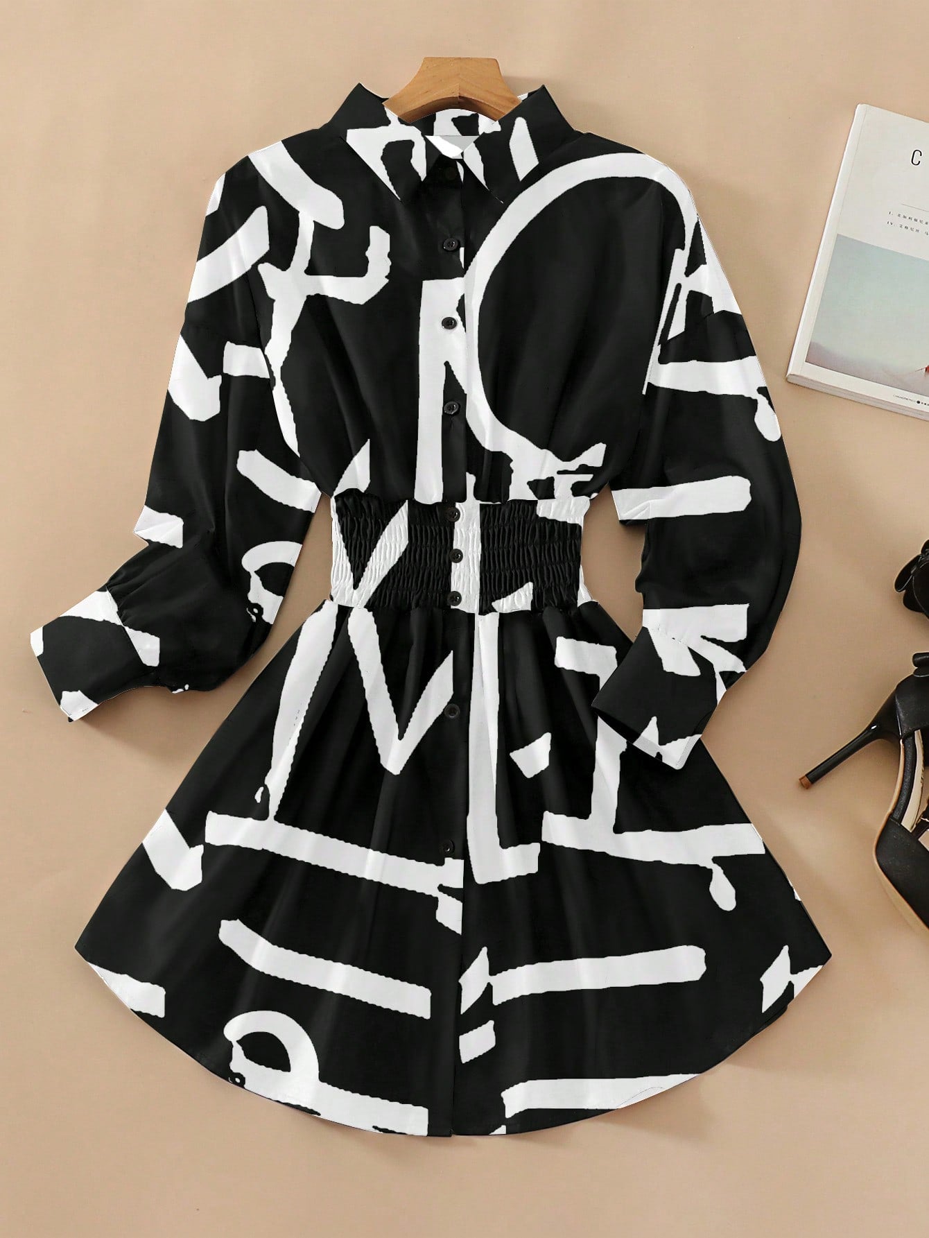 Graphic Print Cinched Waist Shirt Dress
