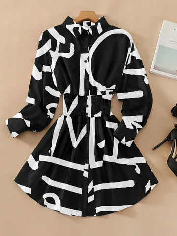 Graphic Print Cinched Waist Shirt Dress