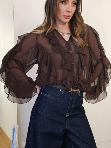 Sheer Ruffle Trim Button Down Blouse