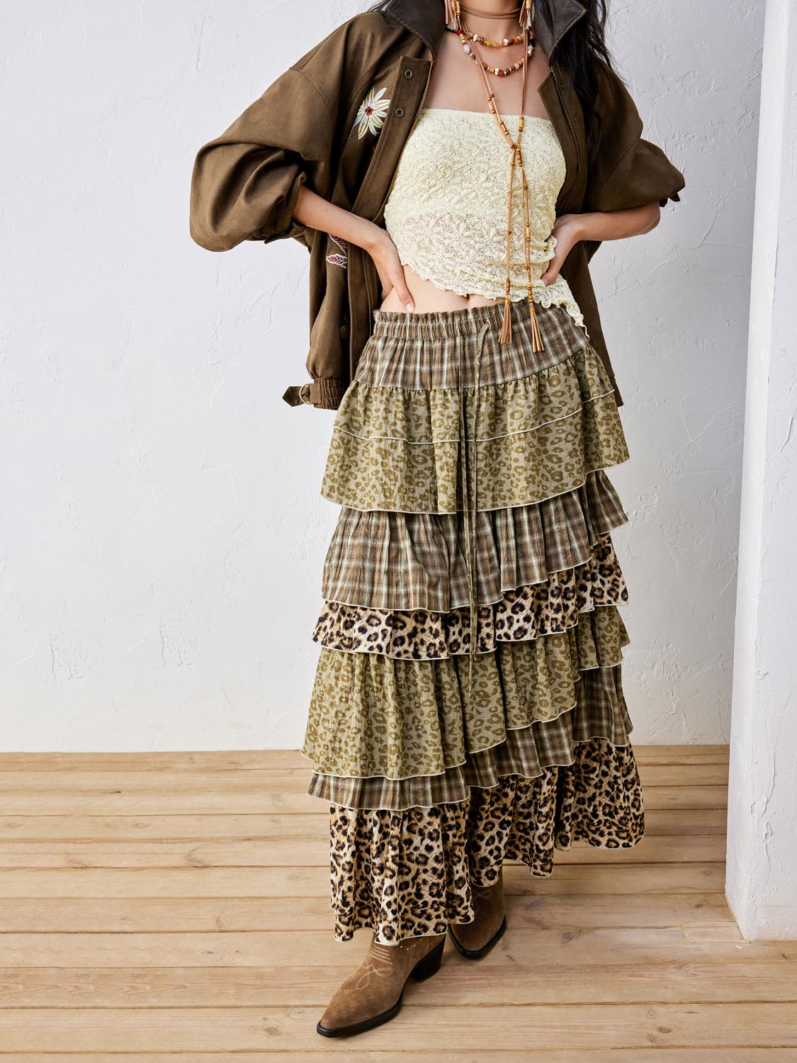 Urban Revivo Tiered A-Line Maxi Skirts-Multicolor